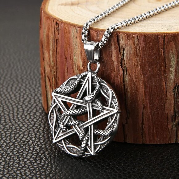 Men's Pentagram Snake Gothic Stainless Steel Snake Pendant Jewlery Chain - Picture 3 of 6